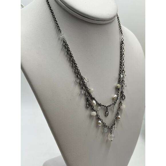 Liz Palacios Two Layered Pearl Crystal Necklace Swarovski USA Designer Vintage - Picture 8 of 9